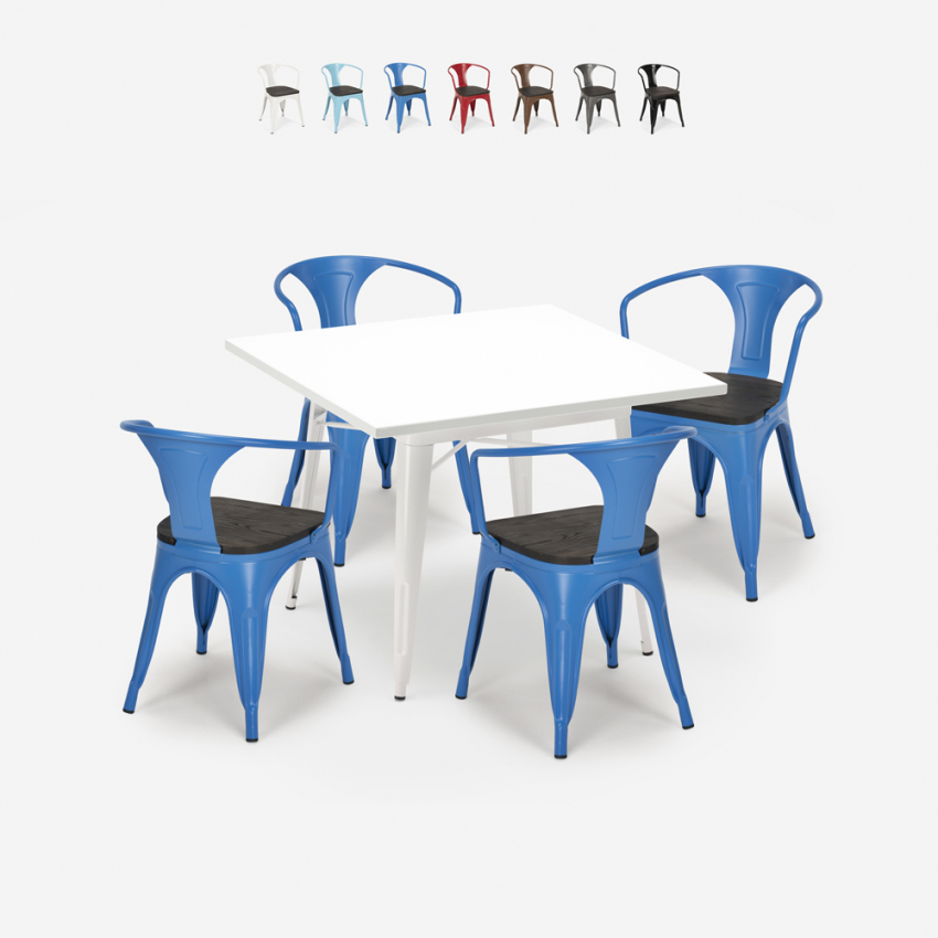 Century Wood White cafebord sæt: 4 industrielle stole og 80x80 cm bord Udsalg