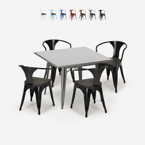 Century Wood cafebord sæt: 4 industrielt farvet stole og 80x80 cm bord Kampagne