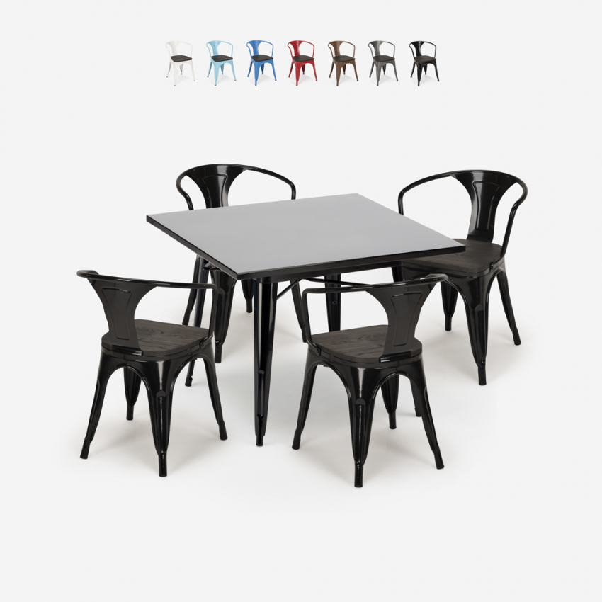 Century Wood Black cafebord sæt: 4 industrielle stole og 80x80 cm bord Udvalg