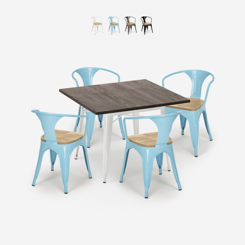 Hustle White Top Light spisebord sæt: 4 industriel stole 80x80 cm bord På Tilbud