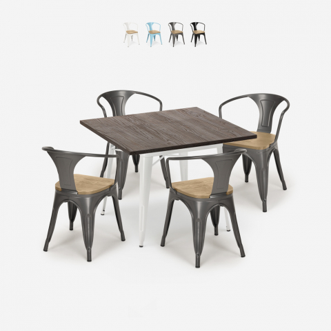 Hustle White Top Light spisebord sæt: 4 industriel stole 80x80 cm bord