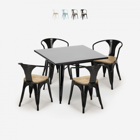 Century Black Top Light spisebord sæt: 4 industriel stole 80x80cm bord Kampagne