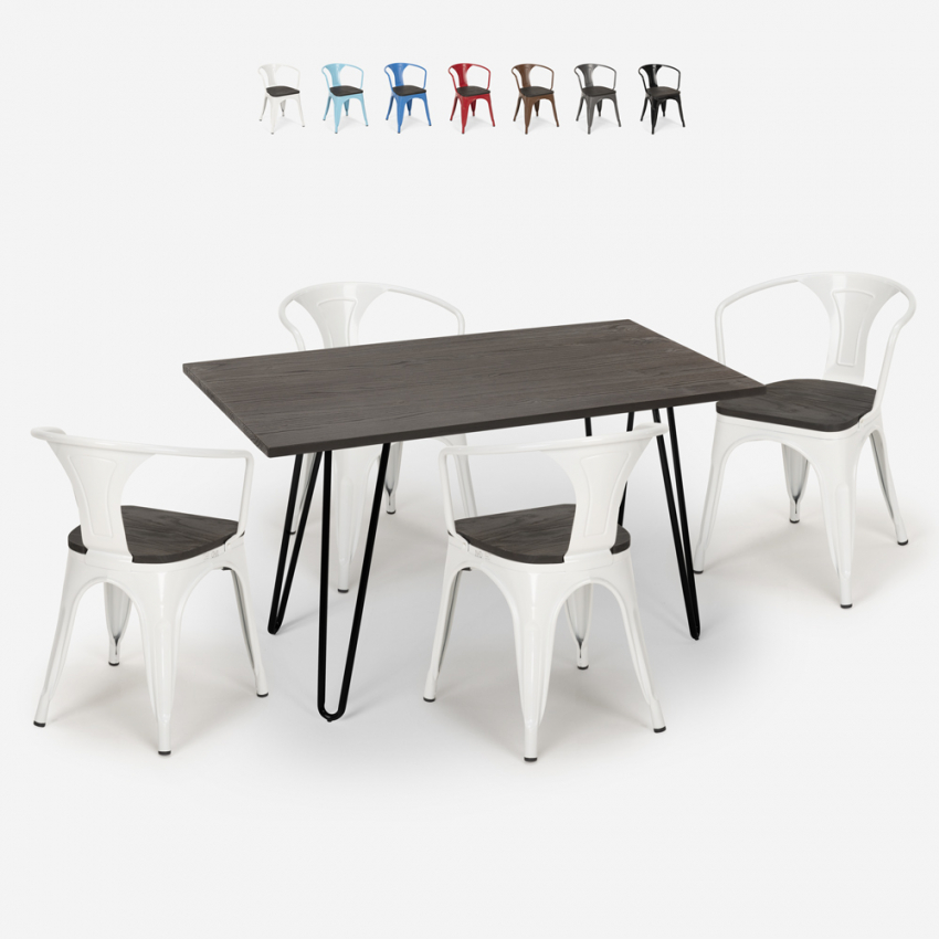 Wismar Wood spisebord sæt: 4 industriel farvet stole og 120x60 cm bord Udsalg