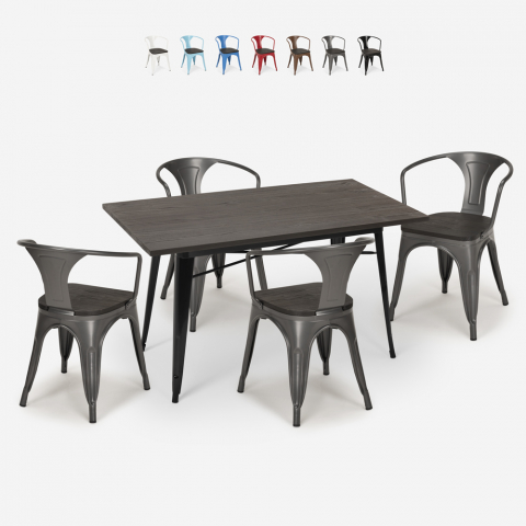 Caster Wood spisebord sæt: 4 industriel farvet stole og 120x60 cm bord Kampagne