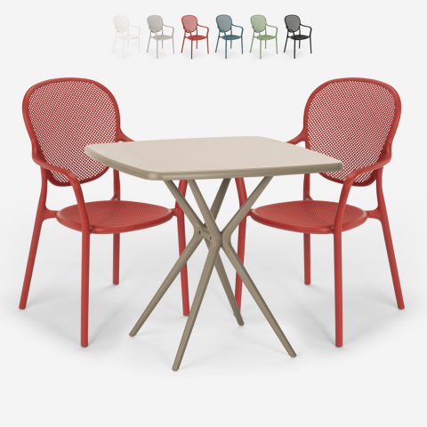Lavett beige havebord sæt: 2 farvede stole og 72x72 cm firkantet bord