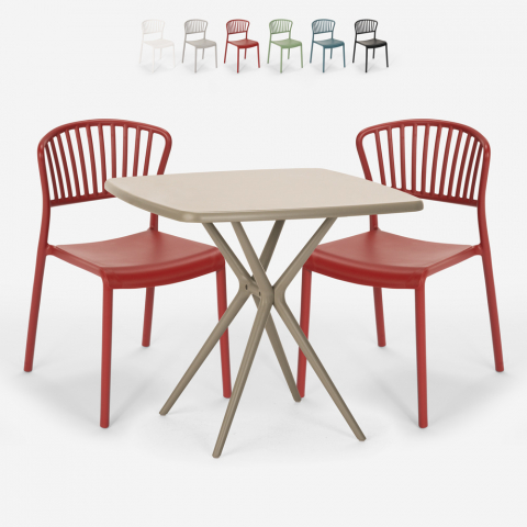 Magus beige havebord sæt: 2 farvede stole og 72x72 cm firkantet bord