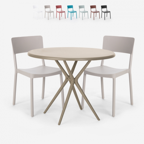 Aminos beige havebord møbel sæt: 2 farvede stole og 80 cm rundt bord Kampagne