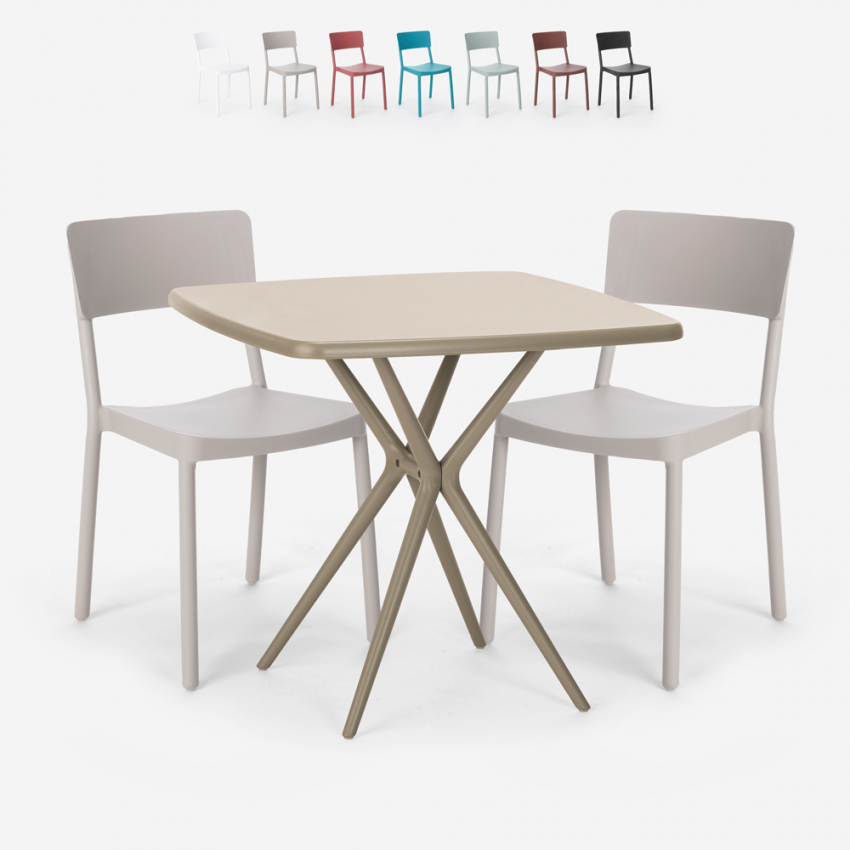 Regas beige havebord sæt: 2 farvede stole og 72x72 cm firkantet bord Mængderabat