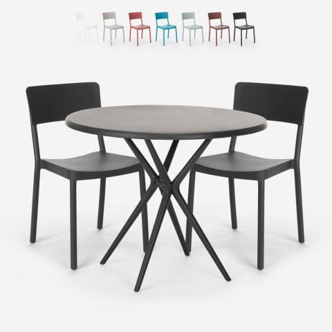 Aminos Dark sort havebord sæt: 2 farvede stole og 80 cm rundt bord Kampagne