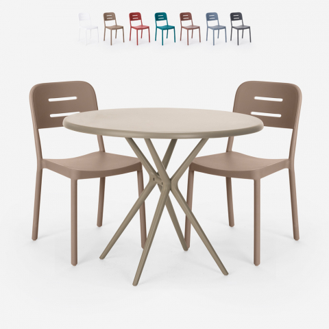 Ipsum beige havebord møbel sæt: 2 farvede stole og 80 cm rundt bord