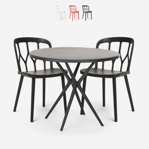 Kento Dark sort havebord møbel sæt: 2 farvede stole og 80cm rundt bord
