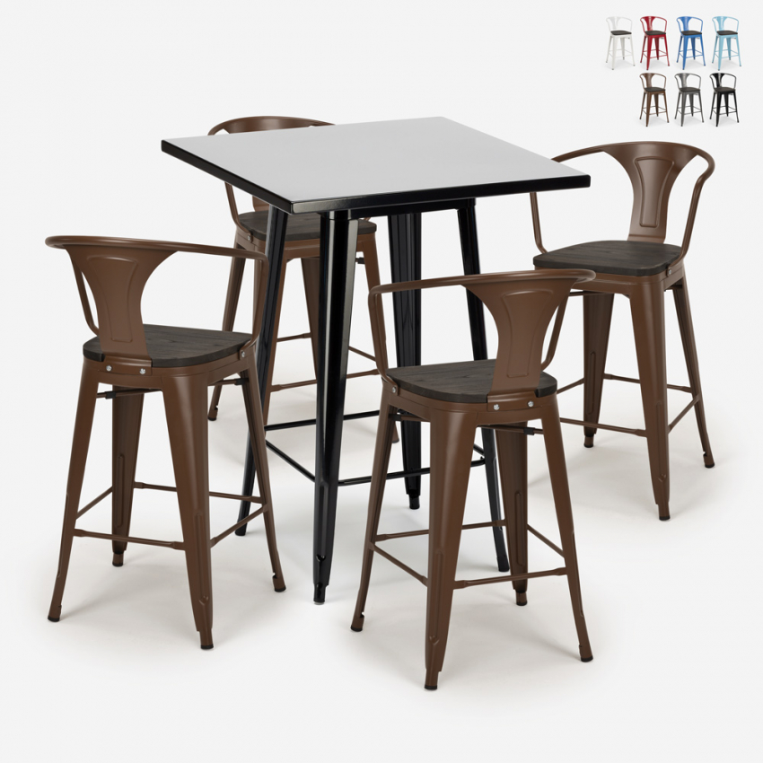 Barbord sæt med 4 farvede Tolix barstole og højt bord 60x60cm Bucket Wood Black Udvalg