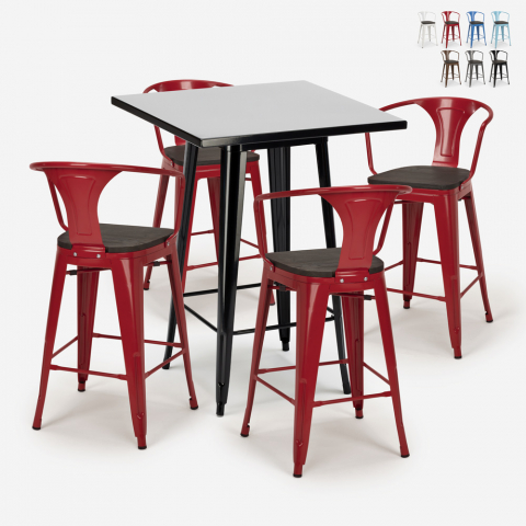 Barbord sæt med 4 farvede Tolix barstole og højt bord 60x60cm Bucket Wood Black Kampagne