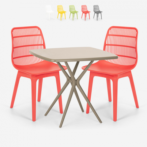 Cevis beige havebord sæt: 2 farvede stole og 72x72 cm firkantet bord Kampagne