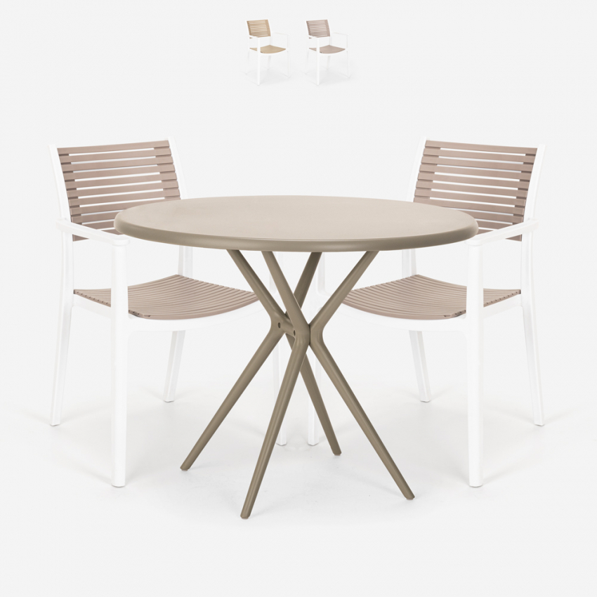 Fisher beige havebord sæt: 2 træeffekt stole og 80 cm rundt bord Kampagne