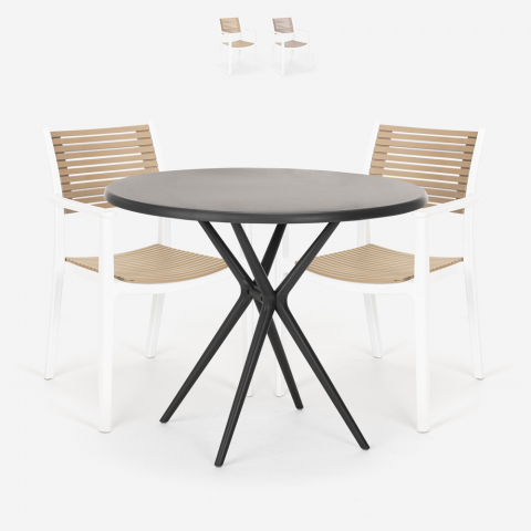 Fisher Dark sort havebord sæt: 2 træeffekt stole og 80 cm rundt bord