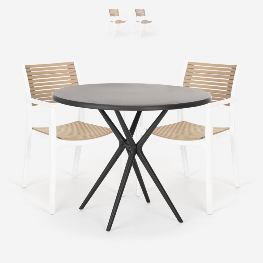 Fisher Dark sort havebord sæt: 2 træeffekt stole og 80 cm rundt bord Kampagne