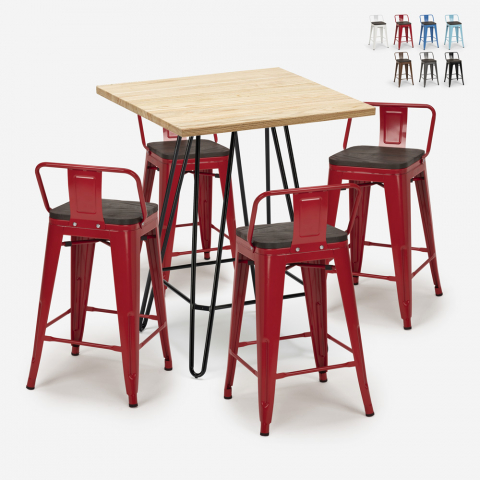 Mason Steel Top barbord sæt: 4 farvede barstole og 60x60 cm stål bord