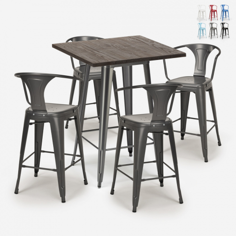 Bruck barbord sæt: 4 farvede industriel barstole og 60x60 cm stål bord