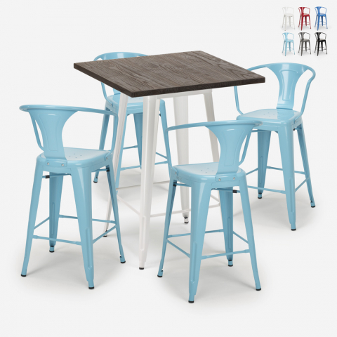 Bruck White barbord sæt: 4 farvede barstole og 60x60 cm hvid stål bord