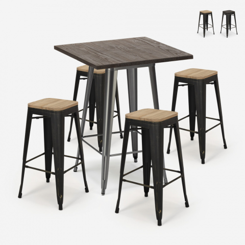 Bent barbord sæt: 4 farvede industriel barstole og 60x60 cm stål bord