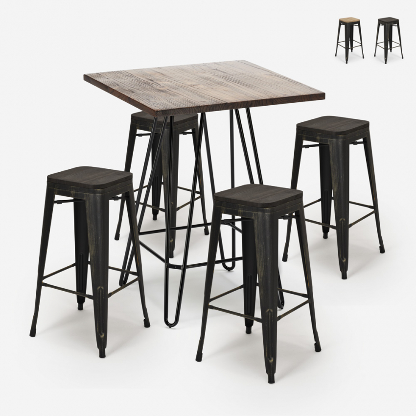 Oudin Noix barbord sæt: 4 børstet effekt barstole og 60x60cm stål bord På Tilbud