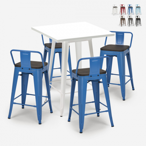 Barbord sæt med 4 farverige barstole og hvidt højt bord 60x60 cm Buch White Kampagne