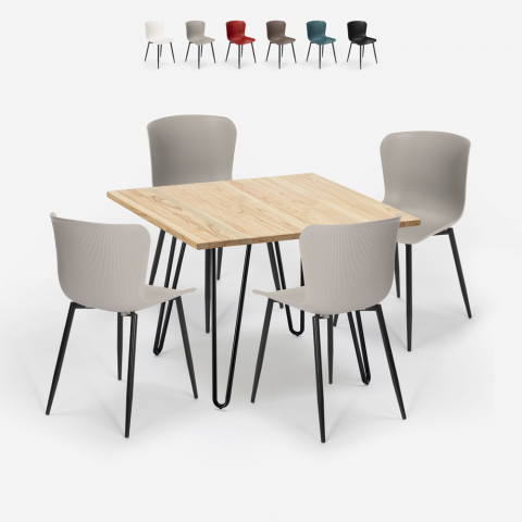 Claw Light spisebords sæt: 4 farvede stole og 80x80 cm firkantet bord