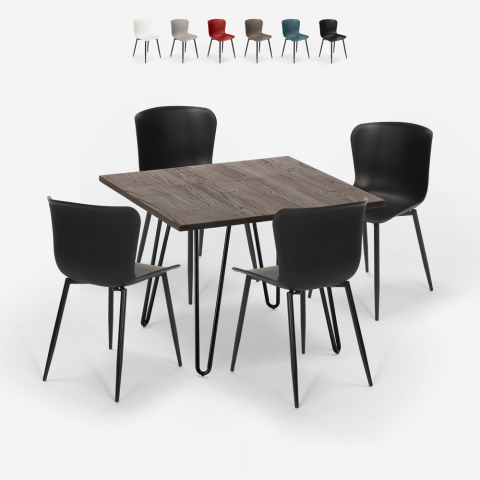 Claw Dark spisebords sæt: 4 farvede stole og 80x80 cm firkantet bord Kampagne