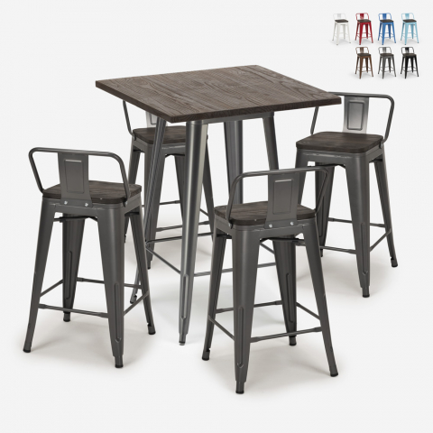 Peaky barbord sæt: 4 farvede industriel barstole og 60x60 cm stål bord Kampagne