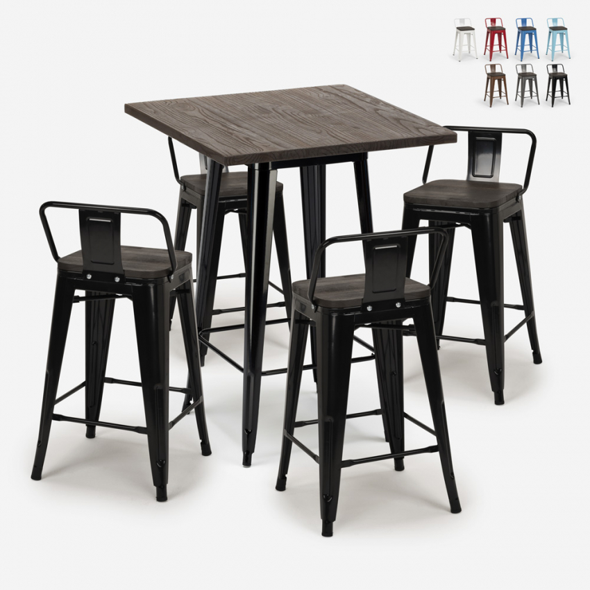 Peaky Black sort barbord sæt: 4 farvede barstole og 60x60 cm stål bord Kampagne