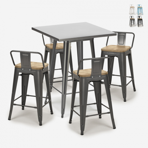 Bucket Steel barbord sæt: 4 farvede barstole og 60x60 cm stål bord