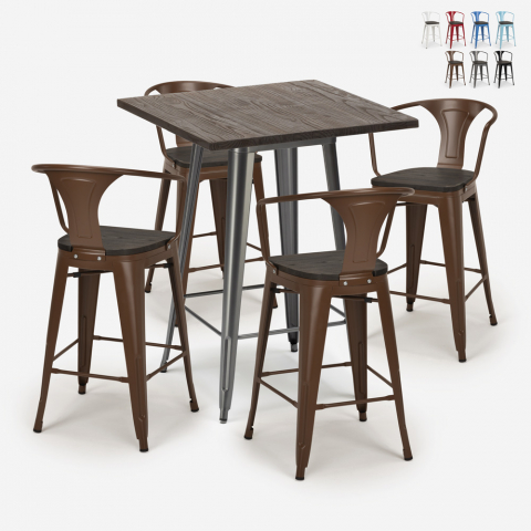 Bruck Wood barbord sæt: 4 farvede barstole og 60x60 cm stål bord Kampagne