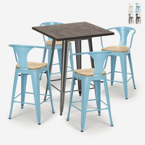 Bruck Top Light barbord sæt: 4 farvede barstole og 60x60 cm stål bord