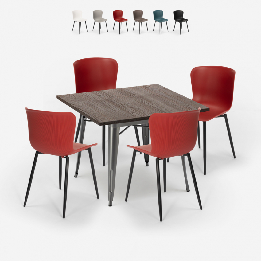 Anvil spisebords sæt: 4 farvede stole og 80x80 cm firkantet stål bord Rabatter