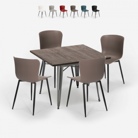 Anvil spisebords sæt: 4 farvede stole og 80x80 cm firkantet stål bord Kampagne