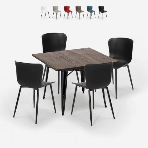 Anvil Dark spisebords sæt: 4 farvede stole og 80x80 cm firkantet bord Kampagne