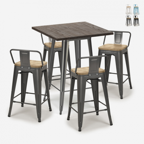 Rough barbord sæt: 4 farvede industriel barstole og 60x60 cm stål bord