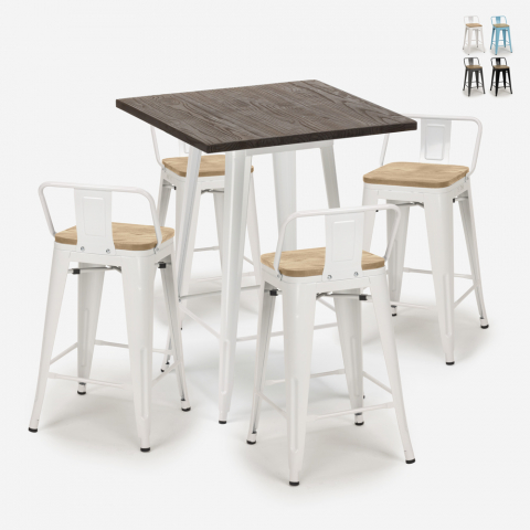 Rough White barbord sæt: 4 farvede barstole og 60x60 cm hvid stål bord Kampagne