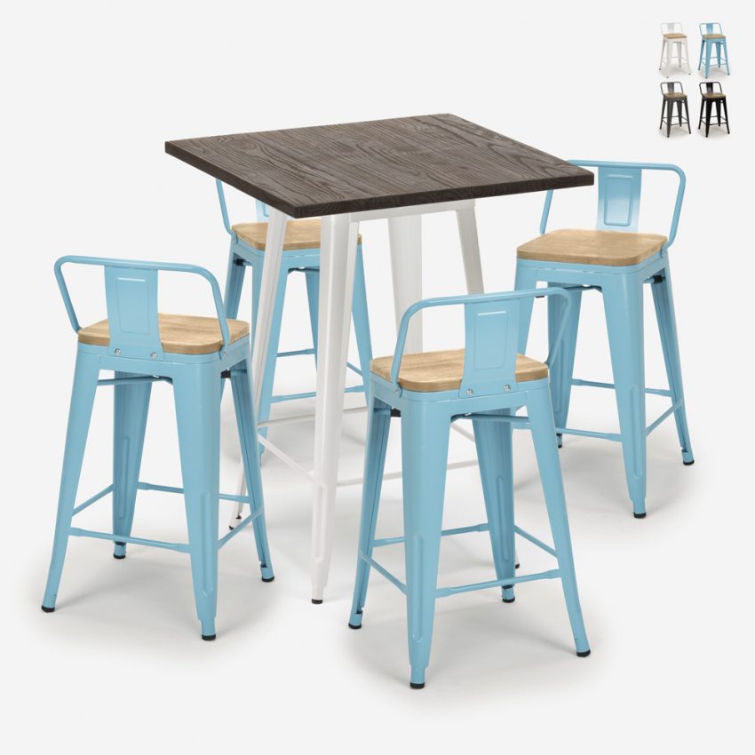 Rough White barbord sæt: 4 farvede barstole og 60x60 cm hvid stål bord På Tilbud