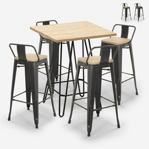 Rhodes barbord sæt: 4 farvede industriel barstole og 60x60cm stål bord