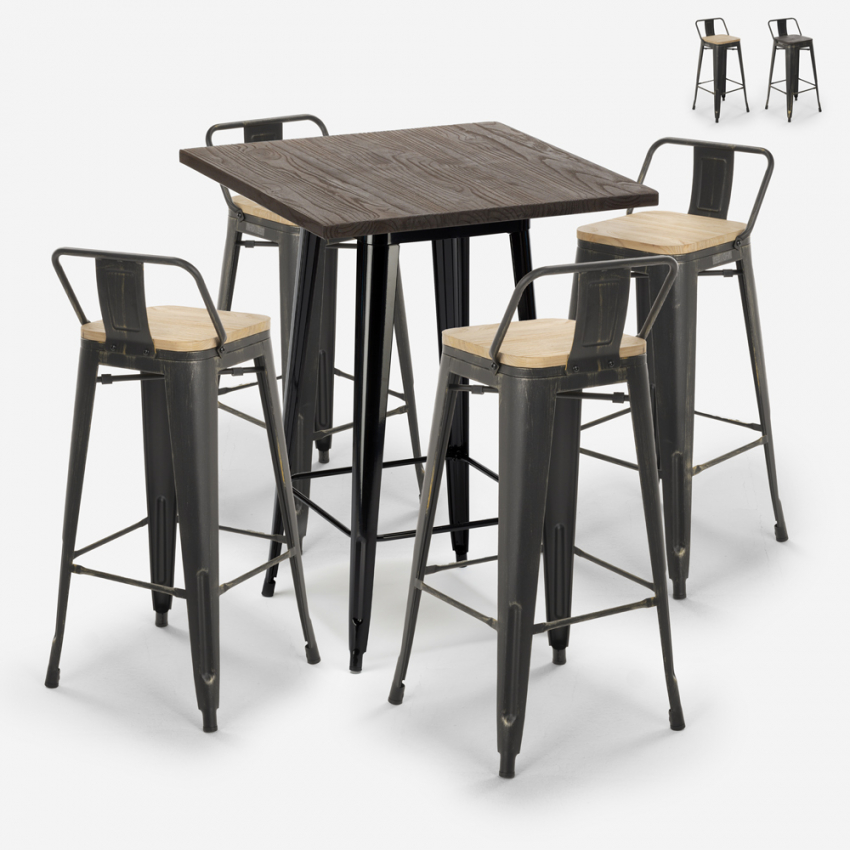 Axel Black sort barbord sæt: 4 farvede barstole og 60x60 cm stål bord På Tilbud