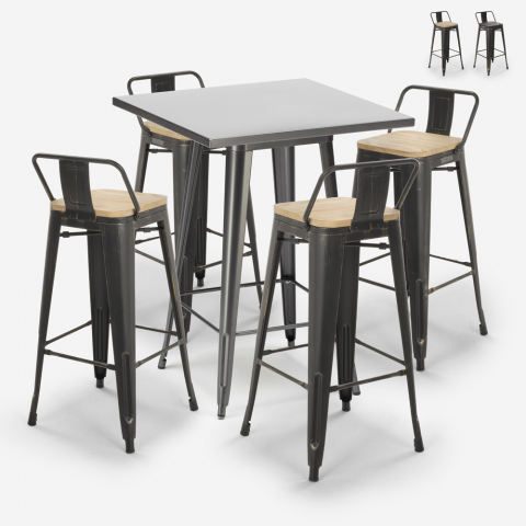 Rush barbord sæt: 4 farvede industriel barstole og 60x60 cm stål bord Kampagne