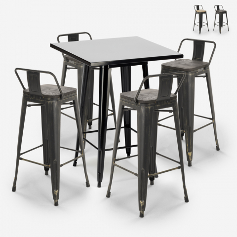 Barbord sæt med 4 vintage barstole og sort stål bord 60x60cm Rush Black Kampagne