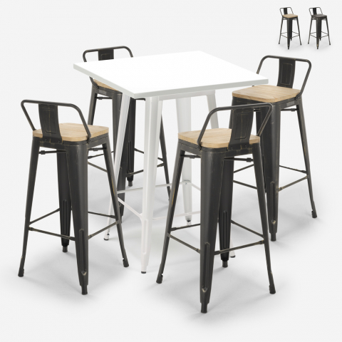 Rush White barbord sæt: 4 farvede barstole og 60x60 cm hvid stål bord