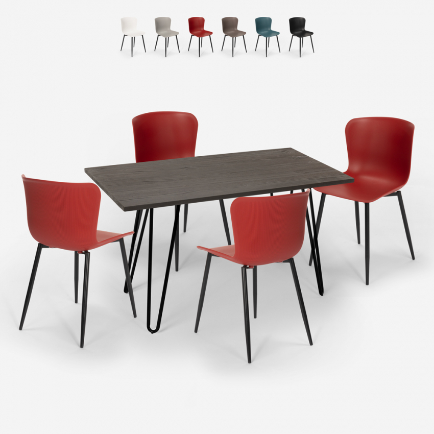 Wire spisebords sæt: 4 farvede stole og 120x60 cm firkantet stål bord Udsalg
