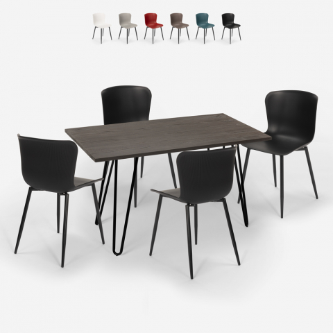 Wire spisebords sæt: 4 farvede stole og 120x60 cm firkantet stål bord Kampagne