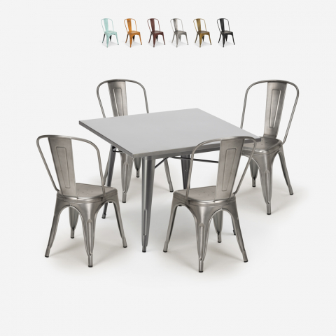 State spisebords sæt: 4 vintage stole og 80x80 cm firkantet stål bord Kampagne