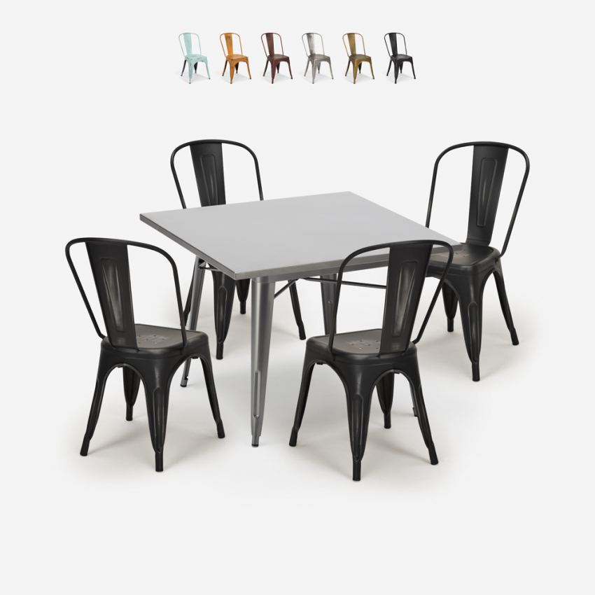 State spisebords sæt: 4 vintage stole og 80x80 cm firkantet stål bord Udsalg