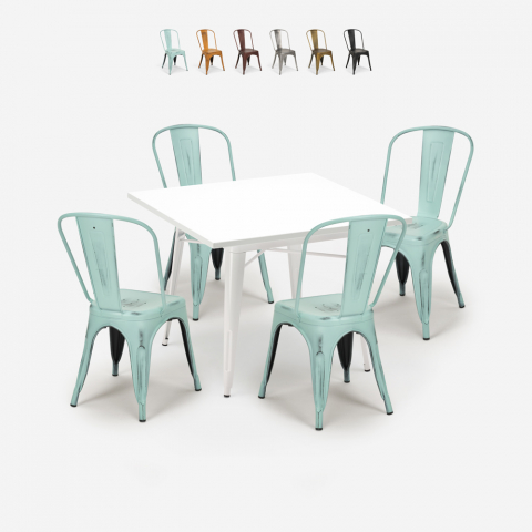 State White spisebords sæt: 4 stole og 80x80 cm firkantet stål bord Kampagne